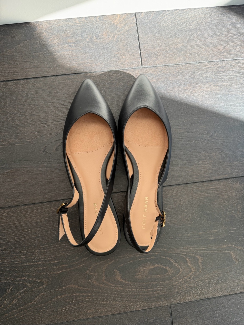 Cole Haan Black Pointed-Toe Slingback Flats with Gold Buckle